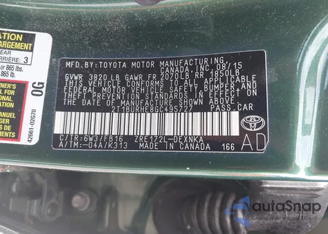 2016 Toyota Corolla Le Plus from USA, damaged, VIN 2T1BURHE8GC495727